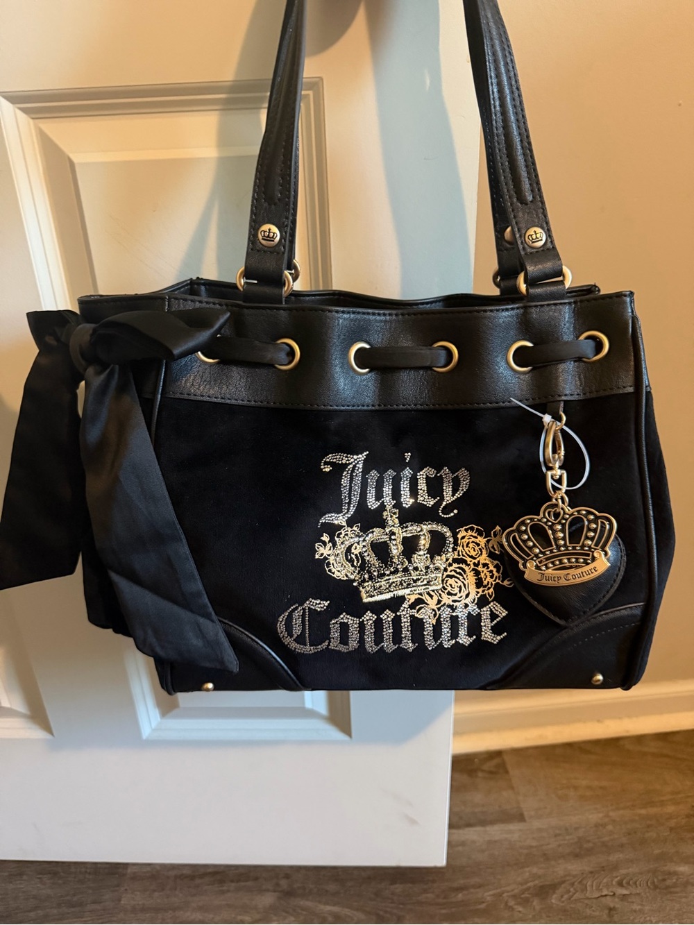 Juicy Couture Black Tote with Gold Crown Logo and Charm